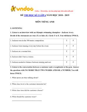 Đề thi học kỳ II môn Tiếng Anh Lớp 6 - Năm học 2018-2019 (Có đáp án)